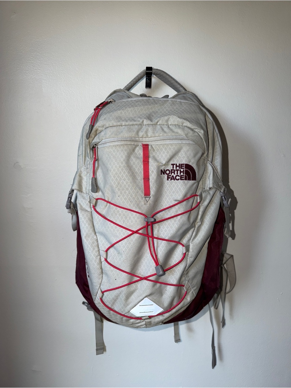 The North Face Borealis Light Gray & Maroon Backpack with Red/Coral Bungee
